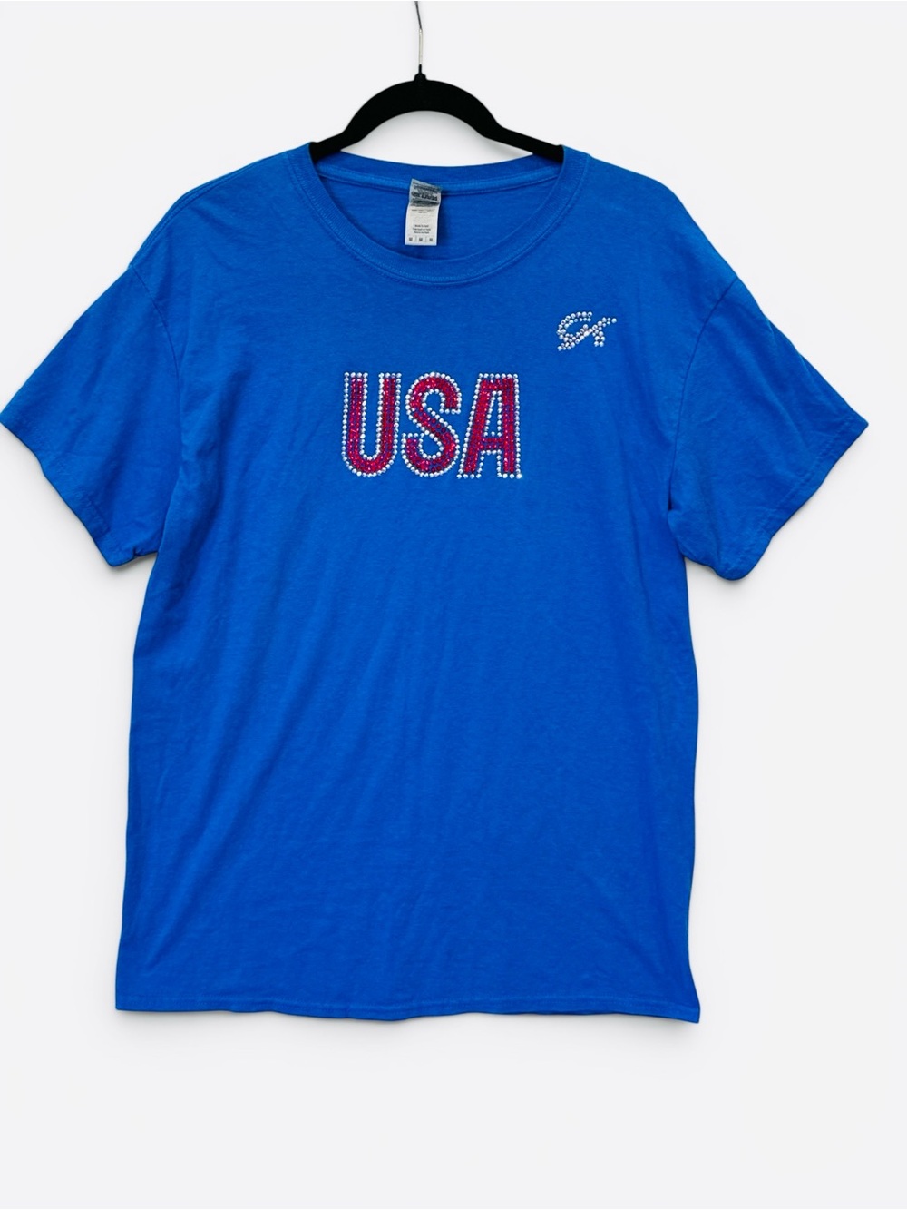 USA Rhinestone Embellished Blue T-Shirt Medium 100% Cotton Crewneck Short Sleeve